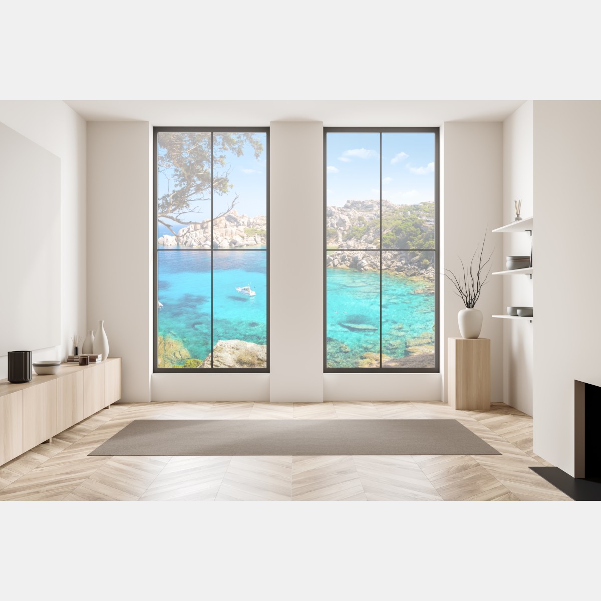 Naklejka na okno turkusowa zatoka nad skalistym wybrzeżem – Wallissimo® Naklejka na okno turkusowa zatoka nad skalistym wybrzeżem – Wallissimo®