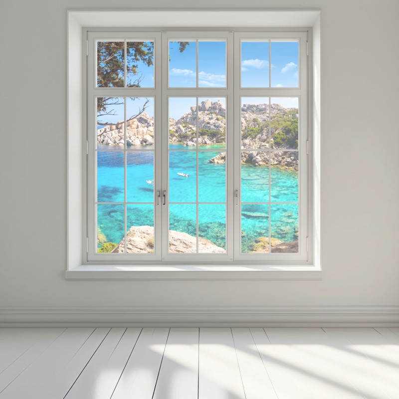 Naklejka na okno turkusowa zatoka nad skalistym wybrzeżem – Wallissimo® Naklejka na okno turkusowa zatoka nad skalistym wybrzeżem – Wallissimo®