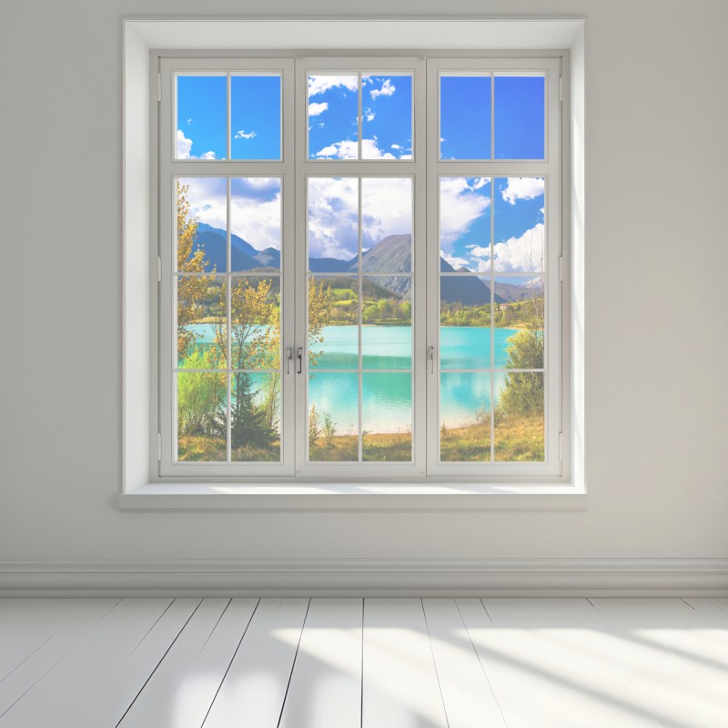 Naklejka na okno turkusowe jezioro i górski pejzaż – Wallissimo® Naklejka na okno turkusowe jezioro i górski pejzaż – Wallissimo®