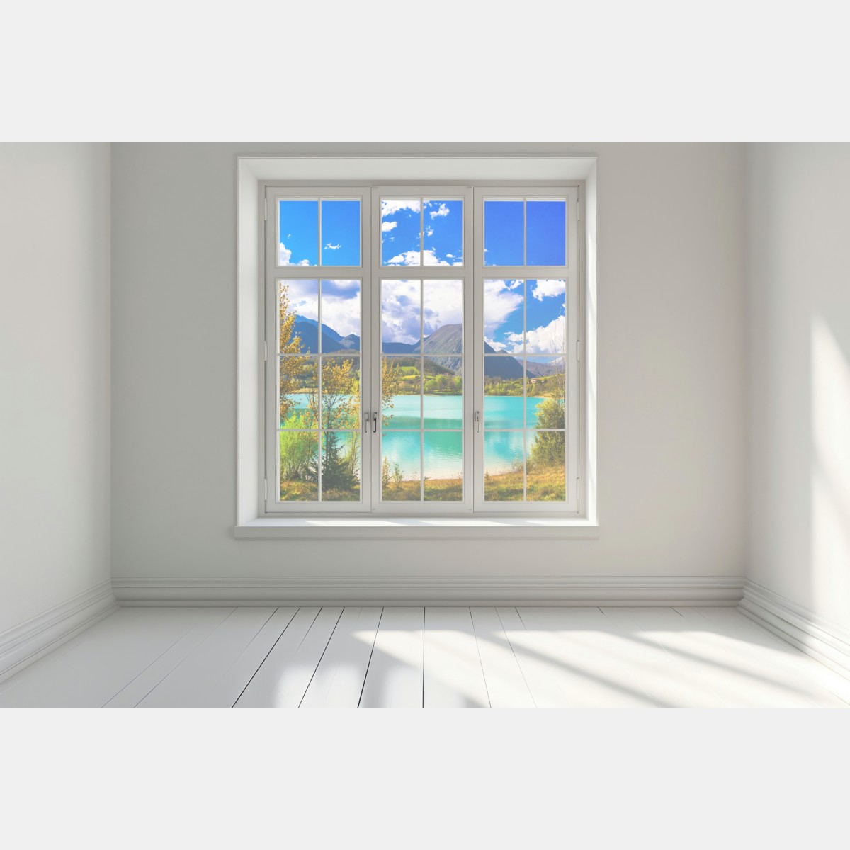 Naklejka na okno turkusowe jezioro i górski pejzaż – Wallissimo® Naklejka na okno turkusowe jezioro i górski pejzaż – Wallissimo®