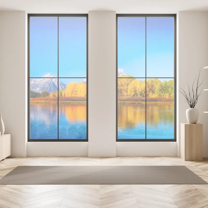 Naklejka na okno jesienna panorama gór i jeziora – Wallissimo® Naklejka na okno jesienna panorama gór i jeziora – Wallissimo®