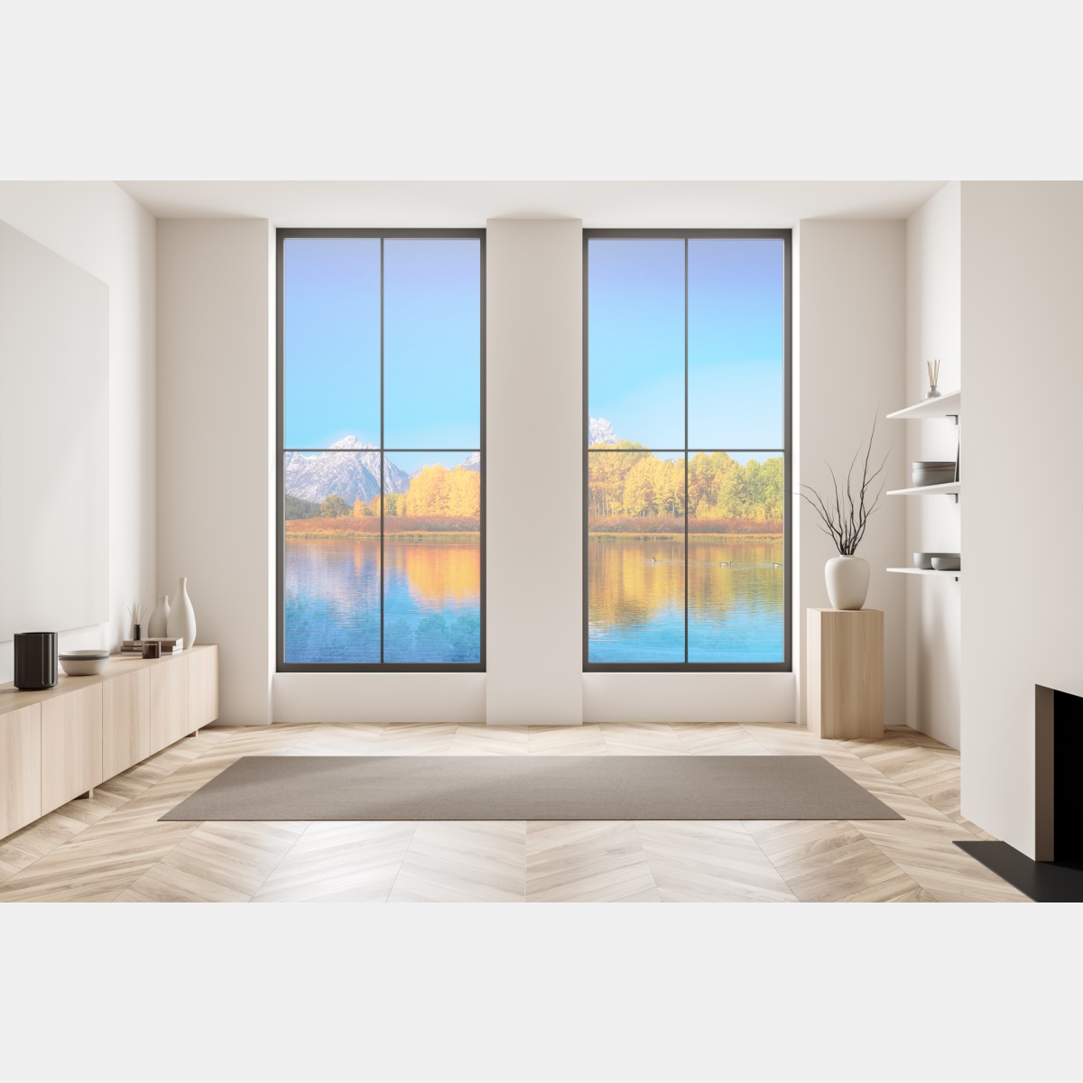 Naklejka na okno jesienna panorama gór i jeziora – Wallissimo® Naklejka na okno jesienna panorama gór i jeziora – Wallissimo®