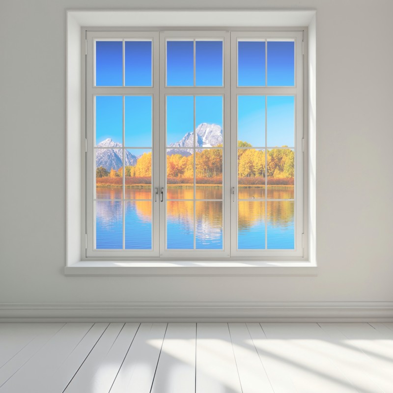Naklejka na okno jesienna panorama gór i jeziora – Wallissimo® Naklejka na okno jesienna panorama gór i jeziora – Wallissimo®