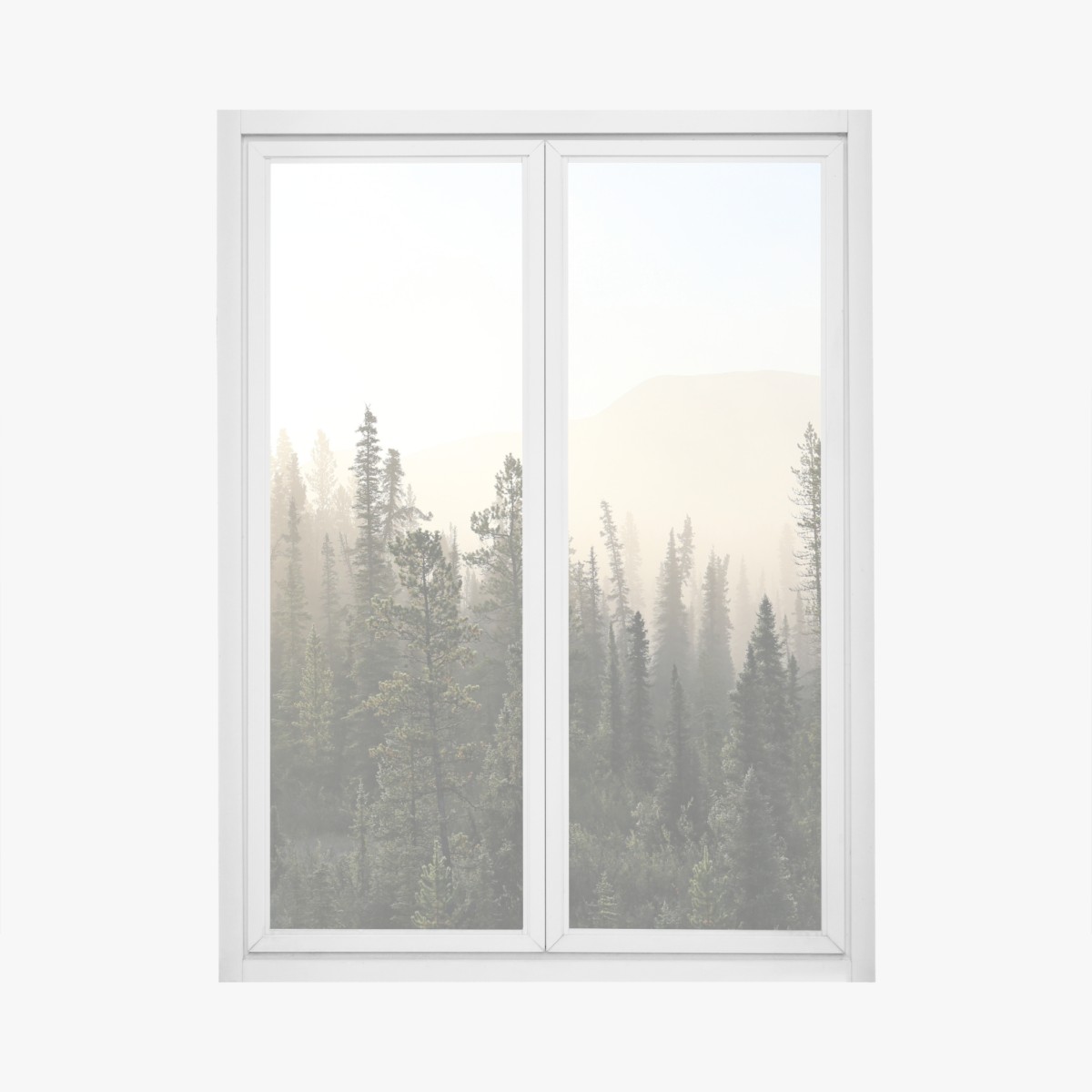 Window decal misty pine forest at sunrise