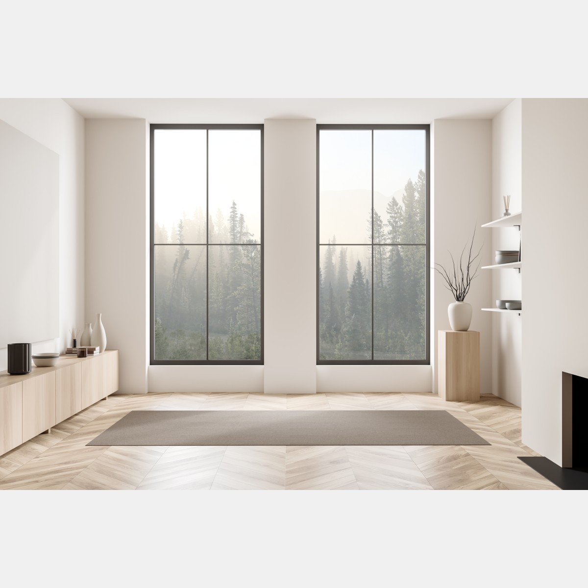 Naklejka na okno mglisty las sosnowy o wschodzie słońca – Wallissimo® Naklejka na okno mglisty las sosnowy o wschodzie słońca – Wallissimo®