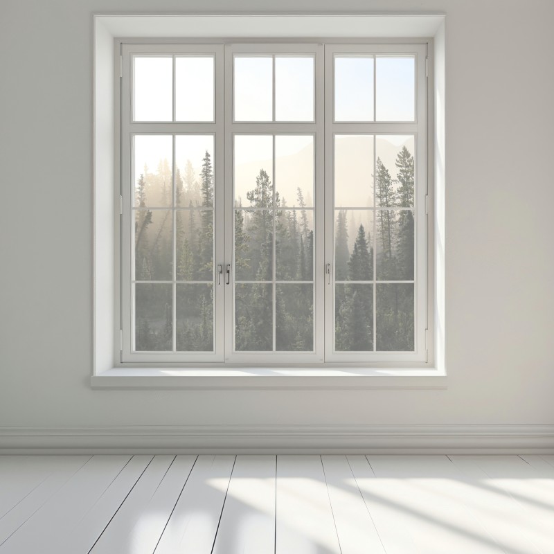 Naklejka na okno mglisty las sosnowy o wschodzie słońca – Wallissimo® Naklejka na okno mglisty las sosnowy o wschodzie słońca – Wallissimo®