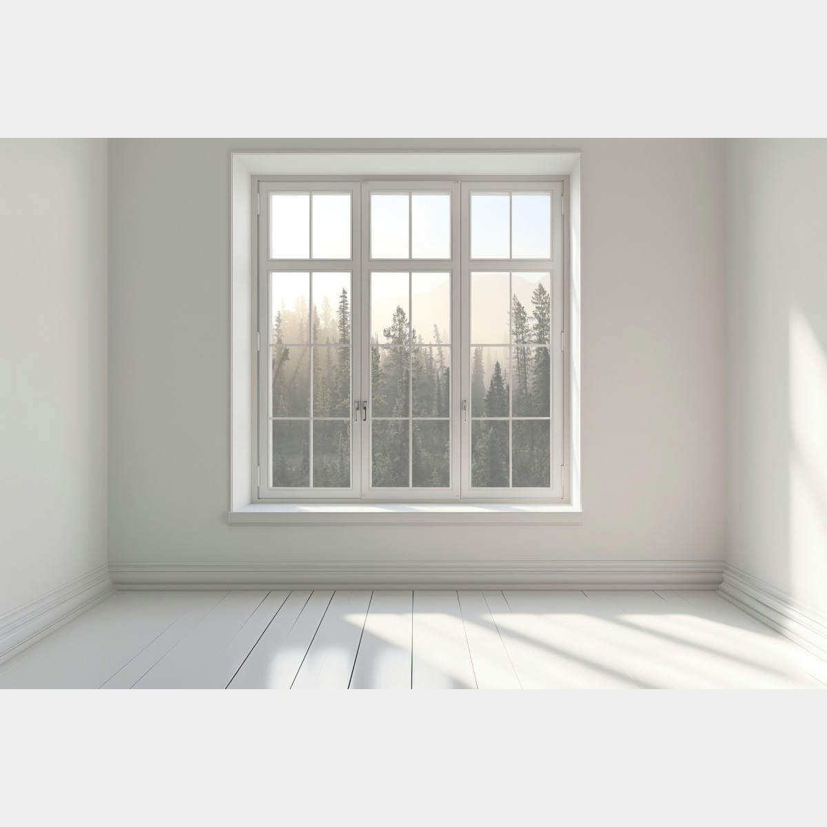 Naklejka na okno mglisty las sosnowy o wschodzie słońca – Wallissimo® Naklejka na okno mglisty las sosnowy o wschodzie słońca – Wallissimo®