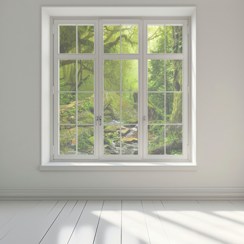 Naklejka na okno leśny strumień porośnięty mchem – Wallissimo® Naklejka na okno leśny strumień porośnięty mchem – Wallissimo®