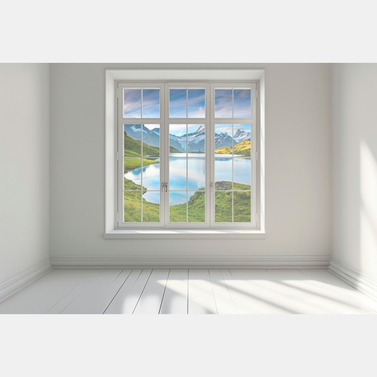 Naklejka na okno spokojne alpejskie jezioro pod szczytem Wetterhorn, Szwajcaria – Wallissimo® Naklejka na okno spokojne alpejskie jezioro pod szczytem Wetterhorn, Szwajcaria – Wallissimo®