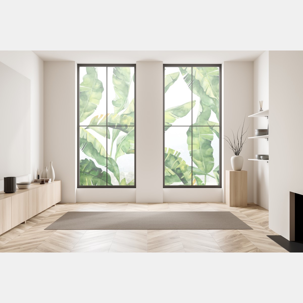 Naklejka na okno tropikalny wzór z liśćmi bananowca w akwareli – Wallissimo® Naklejka na okno tropikalny wzór z liśćmi bananowca w akwareli – Wallissimo®