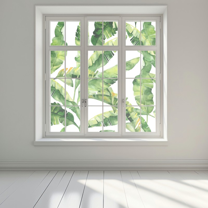 Naklejka na okno tropikalny wzór z liśćmi bananowca w akwareli – Wallissimo® Naklejka na okno tropikalny wzór z liśćmi bananowca w akwareli – Wallissimo®