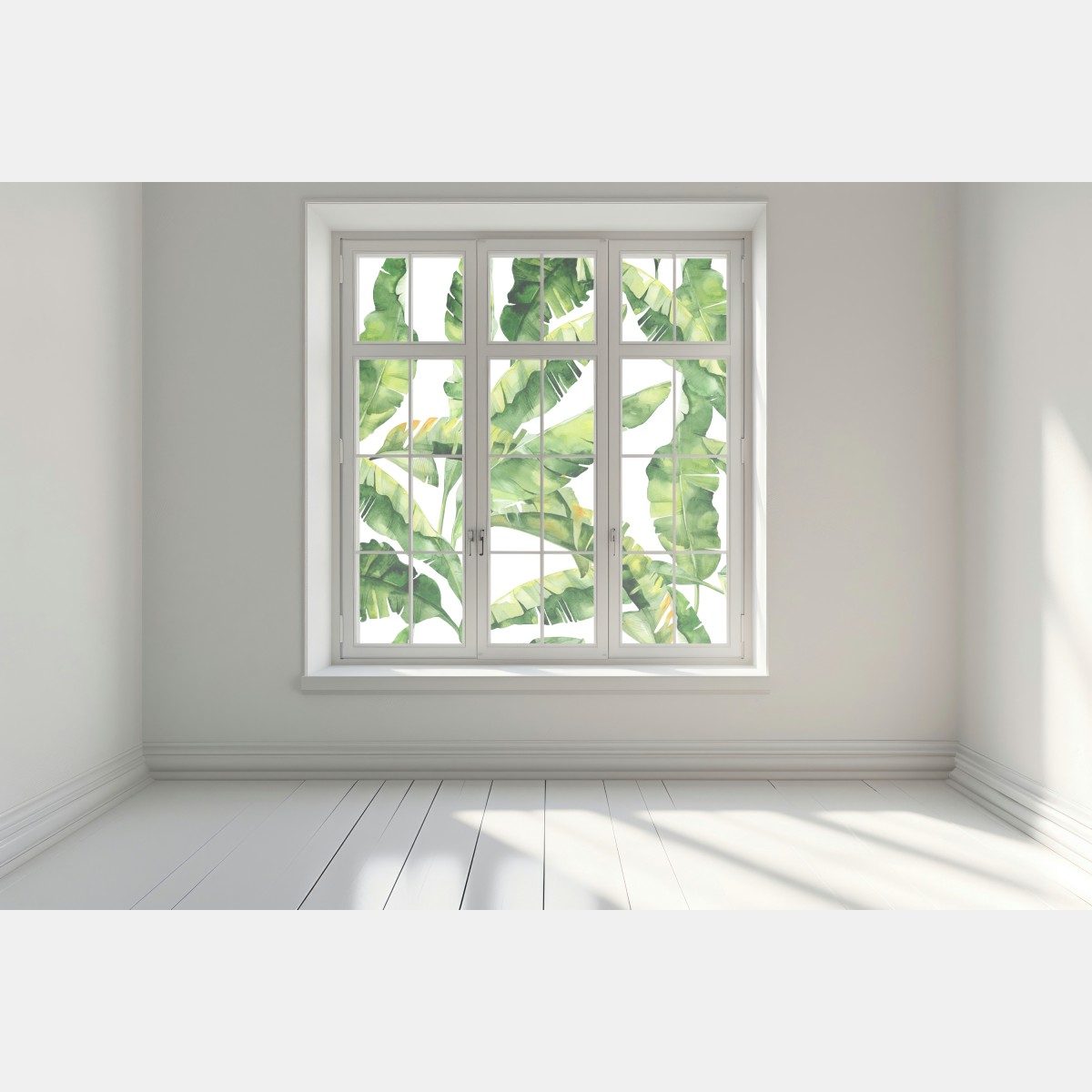 Naklejka na okno tropikalny wzór z liśćmi bananowca w akwareli – Wallissimo® Naklejka na okno tropikalny wzór z liśćmi bananowca w akwareli – Wallissimo®