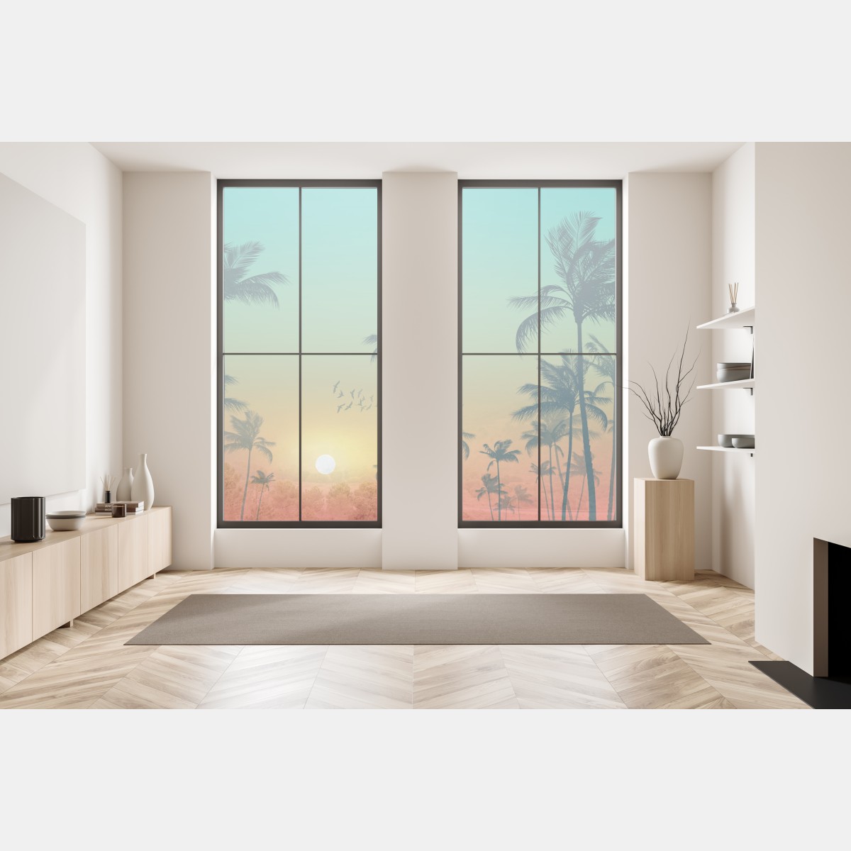 Naklejka na okno tropikalny zachód słońca z palmami – Wallissimo® Naklejka na okno tropikalny zachód słońca z palmami – Wallissimo®