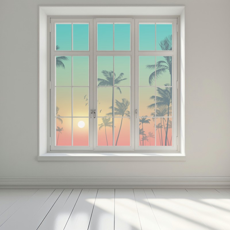Naklejka na okno tropikalny zachód słońca z palmami – Wallissimo® Naklejka na okno tropikalny zachód słońca z palmami – Wallissimo®