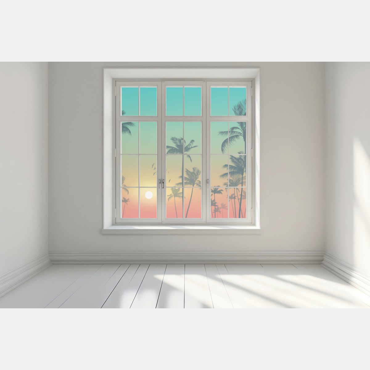 Naklejka na okno tropikalny zachód słońca z palmami – Wallissimo® Naklejka na okno tropikalny zachód słońca z palmami – Wallissimo®
