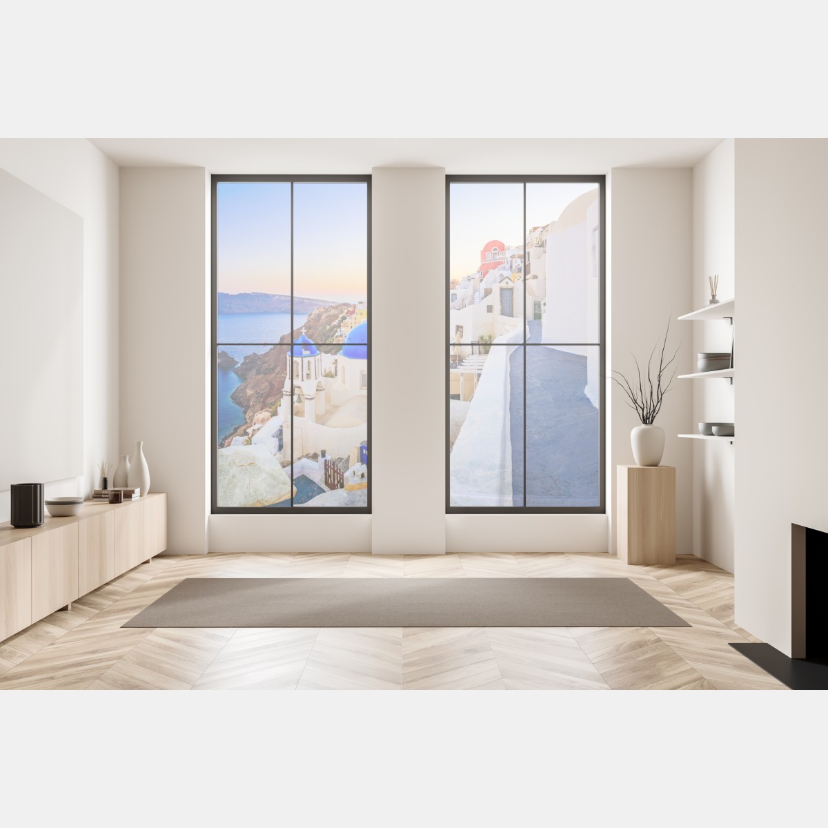 Naklejka na okno Santorini zachód słońca nad niebieskimi kopułami – Wallissimo® Naklejka na okno Santorini zachód słońca nad niebieskimi kopułami – Wallissimo®