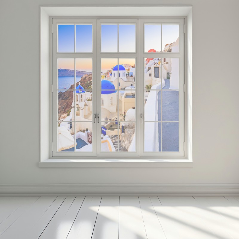 Naklejka na okno Santorini zachód słońca nad niebieskimi kopułami – Wallissimo® Naklejka na okno Santorini zachód słońca nad niebieskimi kopułami – Wallissimo®
