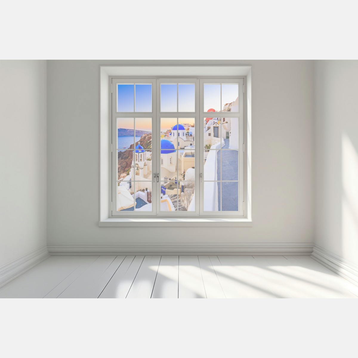 Naklejka na okno Santorini zachód słońca nad niebieskimi kopułami – Wallissimo® Naklejka na okno Santorini zachód słońca nad niebieskimi kopułami – Wallissimo®