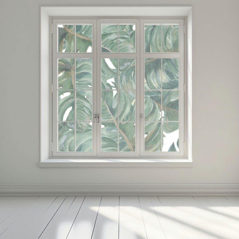 Naklejka na okno malowane akwarelą liście monstery – Wallissimo® Naklejka na okno malowane akwarelą liście monstery – Wallissimo®
