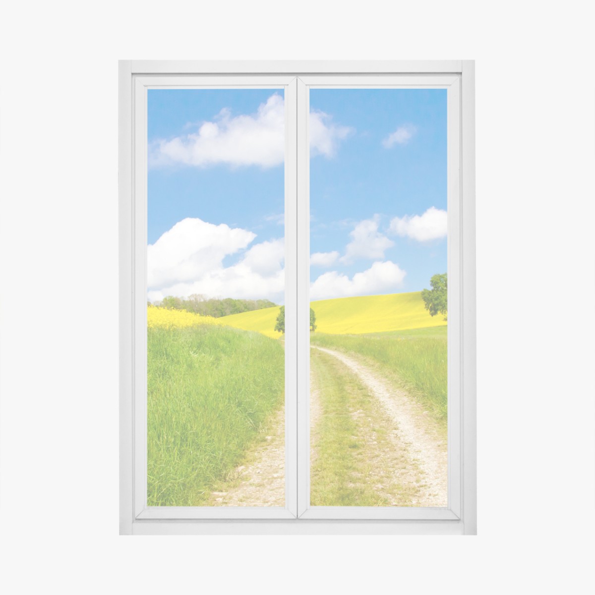 Window decal sunny country lane through yellow fields