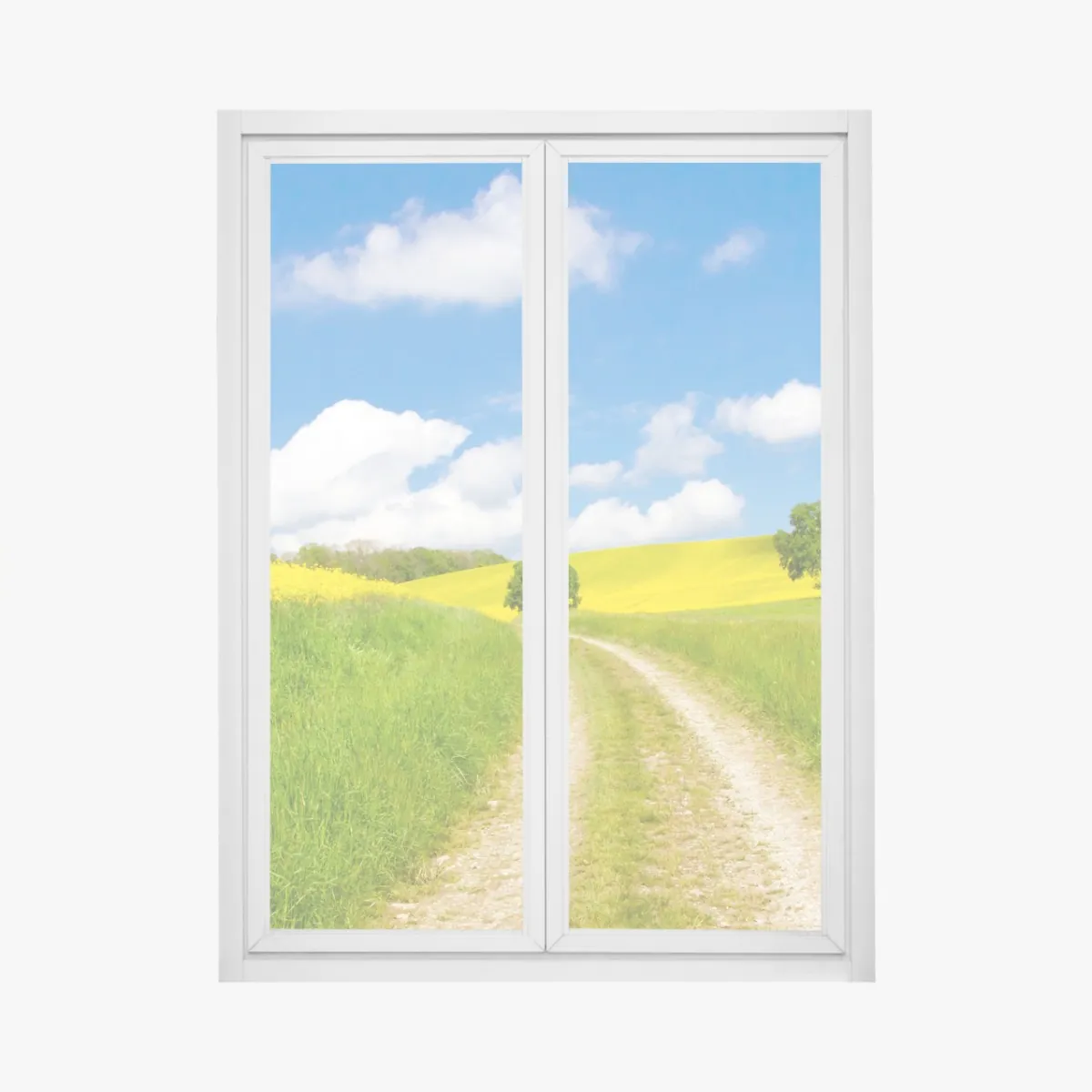 Naklejka na okno słoneczna wiejska droga przez żółte pola – Wallissimo® Naklejka na okno słoneczna wiejska droga przez żółte pola – Wallissimo®