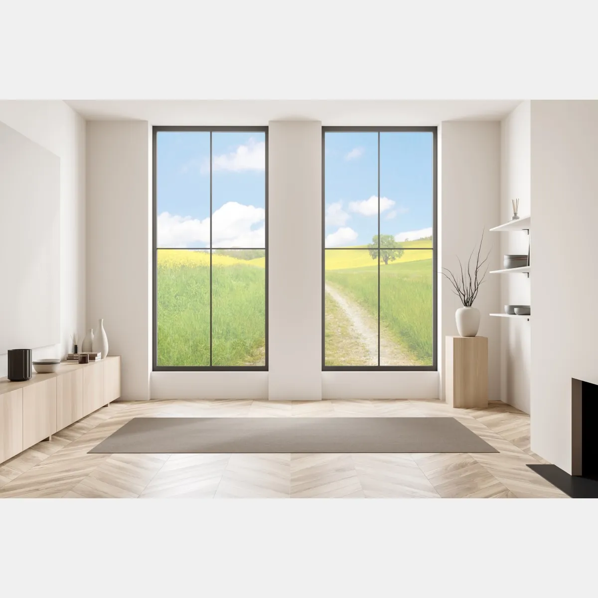 Naklejka na okno słoneczna wiejska droga przez żółte pola – Wallissimo® Naklejka na okno słoneczna wiejska droga przez żółte pola – Wallissimo®