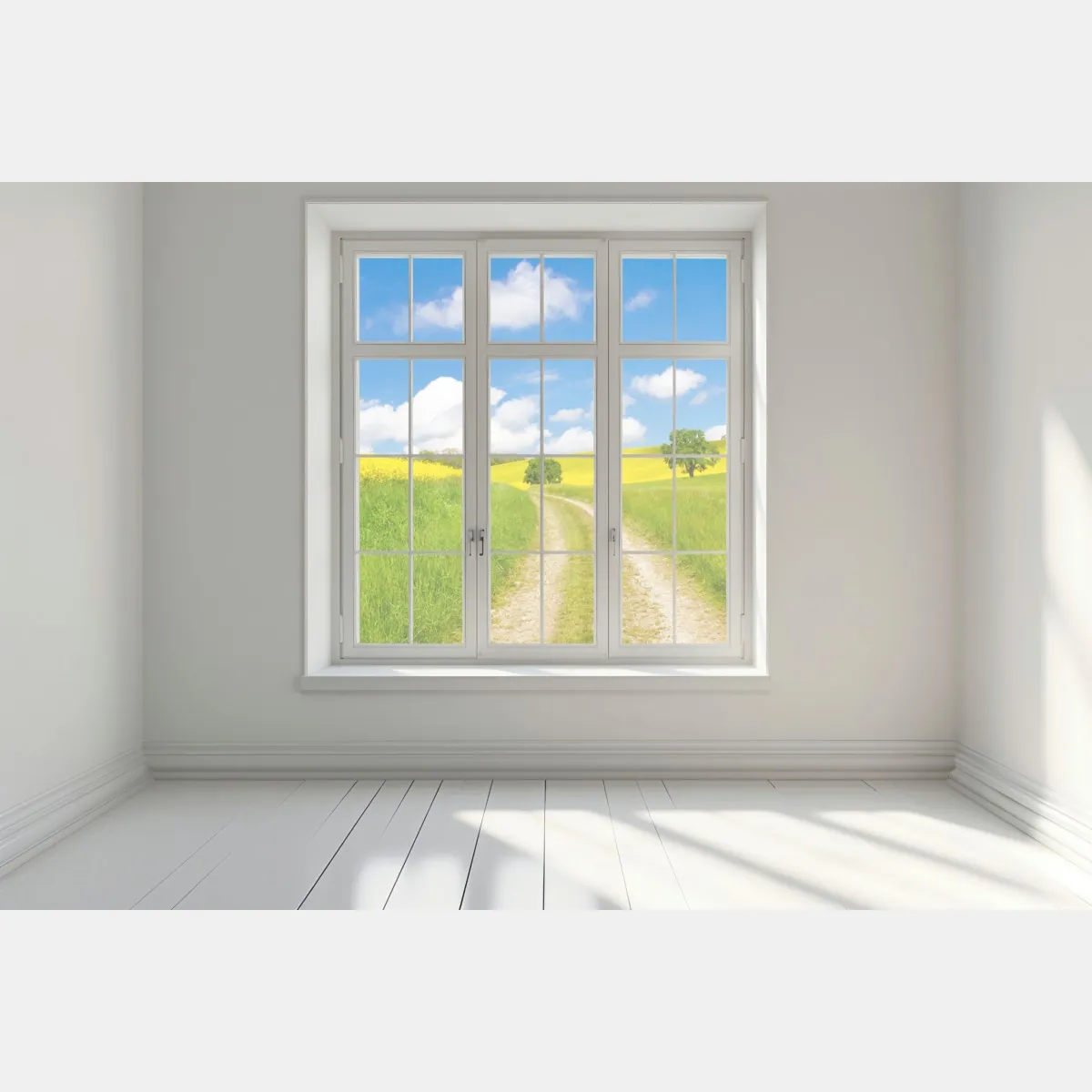 Naklejka na okno słoneczna wiejska droga przez żółte pola – Wallissimo® Naklejka na okno słoneczna wiejska droga przez żółte pola – Wallissimo®