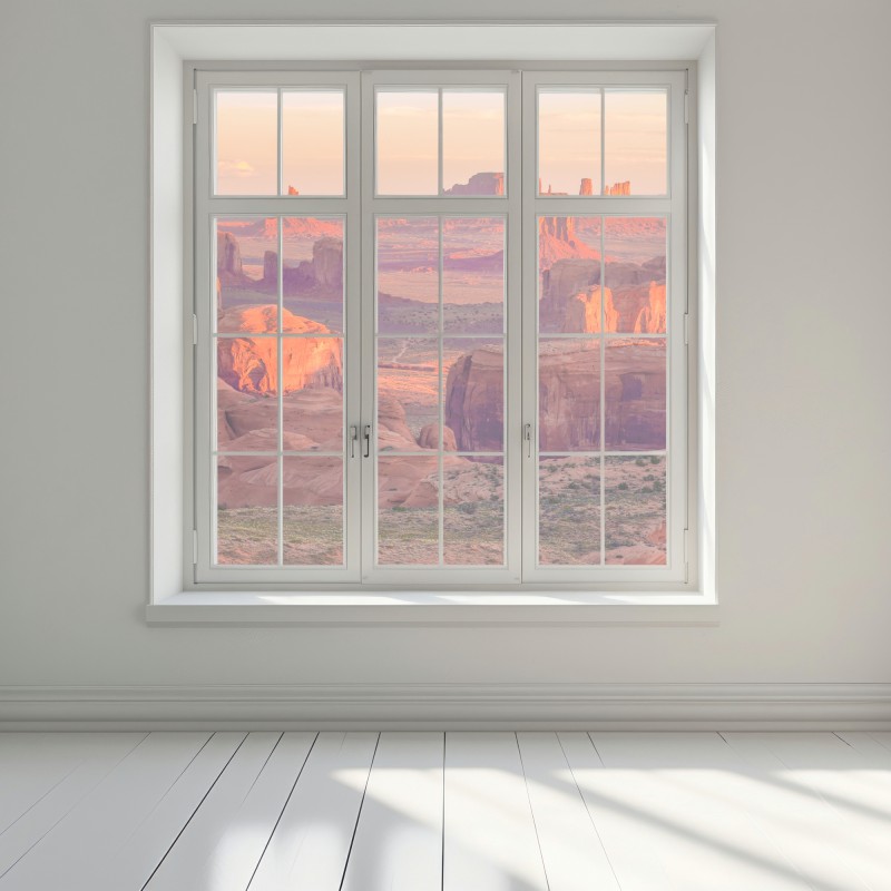Naklejka na okno zachód słońca nad Monument Valley z Hunts Mesa – Wallissimo® Naklejka na okno zachód słońca nad Monument Valley z Hunts Mesa – Wallissimo®