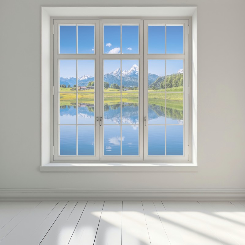 Naklejka na okno alpejskie odbicie: spokojny krajobraz górski – Wallissimo® Naklejka na okno alpejskie odbicie: spokojny krajobraz górski – Wallissimo®