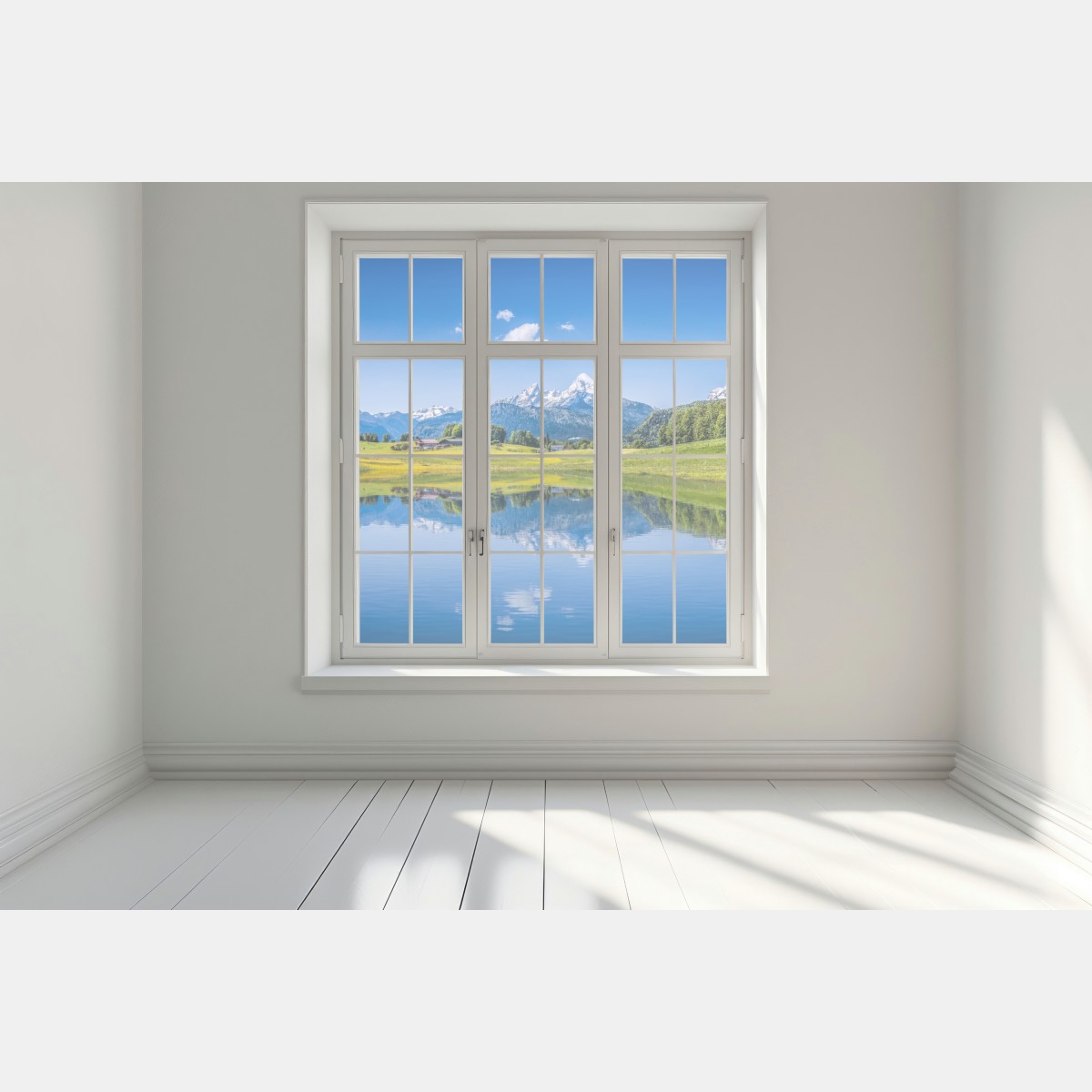 Naklejka na okno alpejskie odbicie: spokojny krajobraz górski – Wallissimo® Naklejka na okno alpejskie odbicie: spokojny krajobraz górski – Wallissimo®