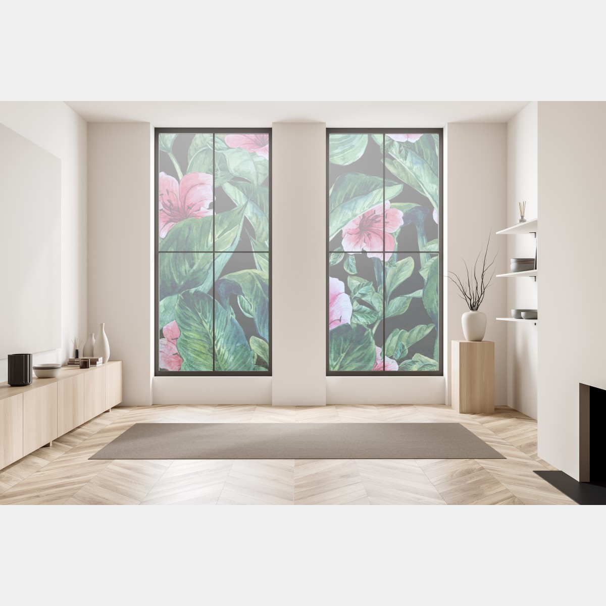 Naklejka na okno różowe akwarelowe kwiaty na czarnym tle – Wallissimo® Naklejka na okno różowe akwarelowe kwiaty na czarnym tle – Wallissimo®