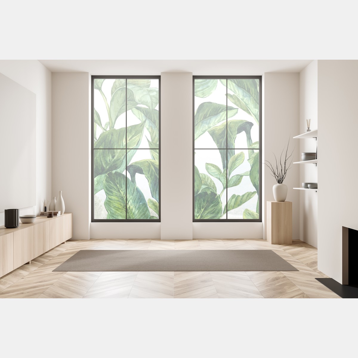 Naklejka na okno bujny akwarelowy wzór tropikalnych liści – Wallissimo® Naklejka na okno bujny akwarelowy wzór tropikalnych liści – Wallissimo®