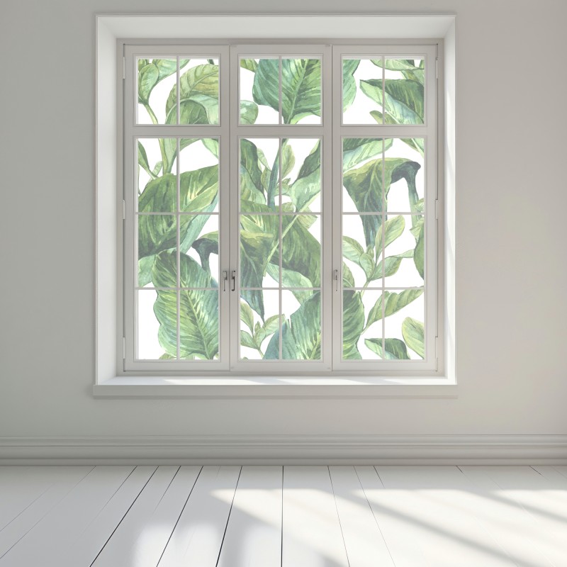 Naklejka na okno bujny akwarelowy wzór tropikalnych liści – Wallissimo® Naklejka na okno bujny akwarelowy wzór tropikalnych liści – Wallissimo®