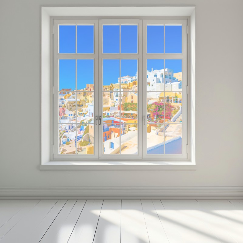 Naklejka na okno słoneczna wioska Oia, Santorini – Wallissimo® Naklejka na okno słoneczna wioska Oia, Santorini – Wallissimo®