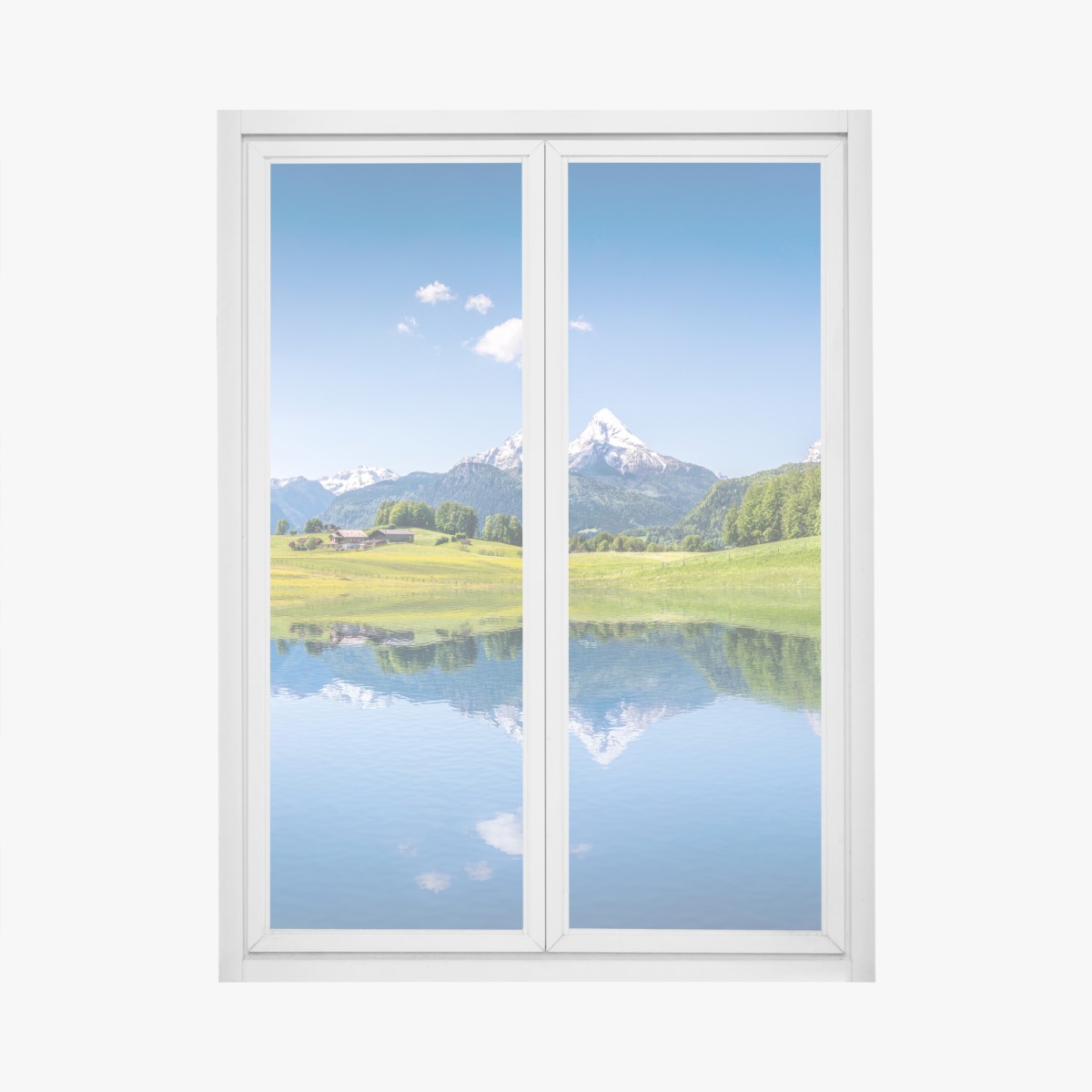 Window decal alpine peaks reflected in a tranquil lake