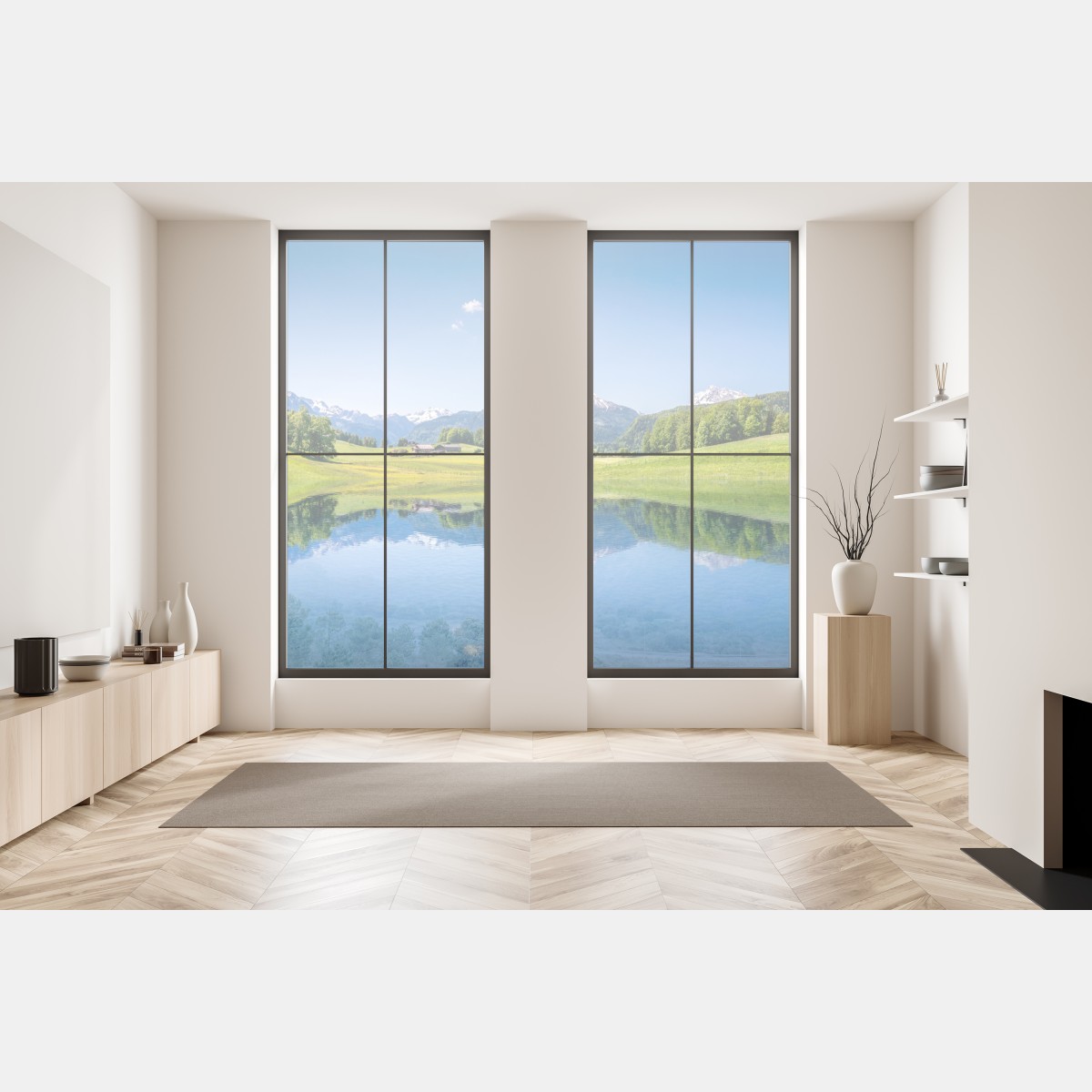 Naklejka na okno alpejskie szczyty odbite w spokojnym jeziorze – Wallissimo® Naklejka na okno alpejskie szczyty odbite w spokojnym jeziorze – Wallissimo®