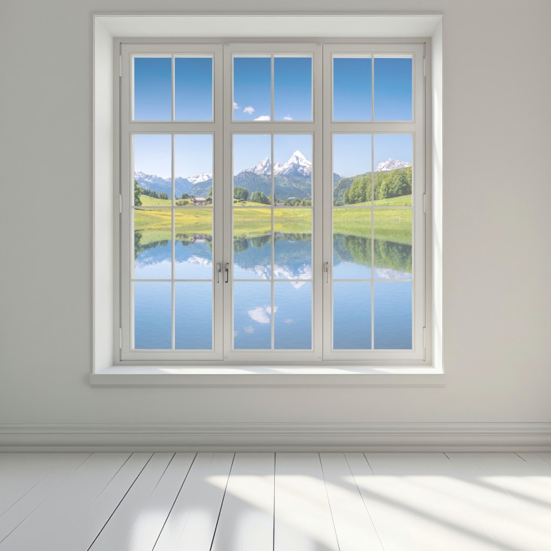 Naklejka na okno alpejskie szczyty odbite w spokojnym jeziorze – Wallissimo® Naklejka na okno alpejskie szczyty odbite w spokojnym jeziorze – Wallissimo®
