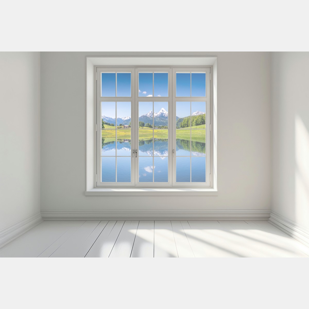 Naklejka na okno alpejskie szczyty odbite w spokojnym jeziorze – Wallissimo® Naklejka na okno alpejskie szczyty odbite w spokojnym jeziorze – Wallissimo®