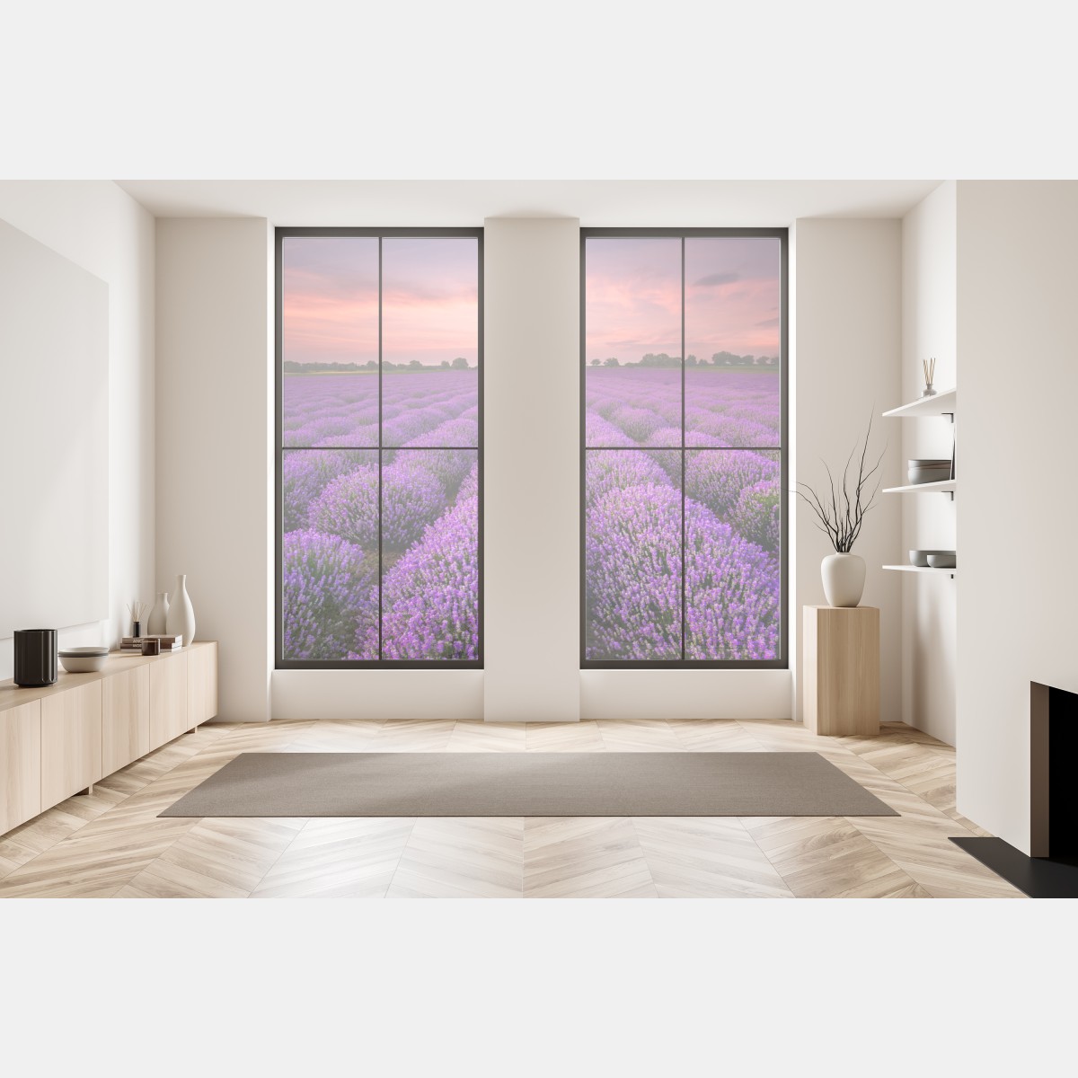 Naklejka na okno pole lawendy o zachodzie słońca – Wallissimo® Naklejka na okno pole lawendy o zachodzie słońca – Wallissimo®