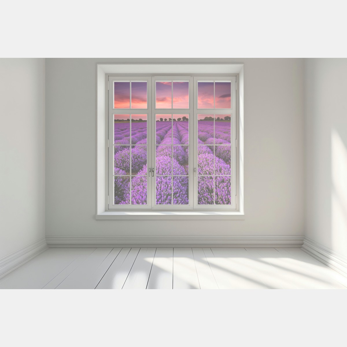 Naklejka na okno pole lawendy o zachodzie słońca – Wallissimo® Naklejka na okno pole lawendy o zachodzie słońca – Wallissimo®