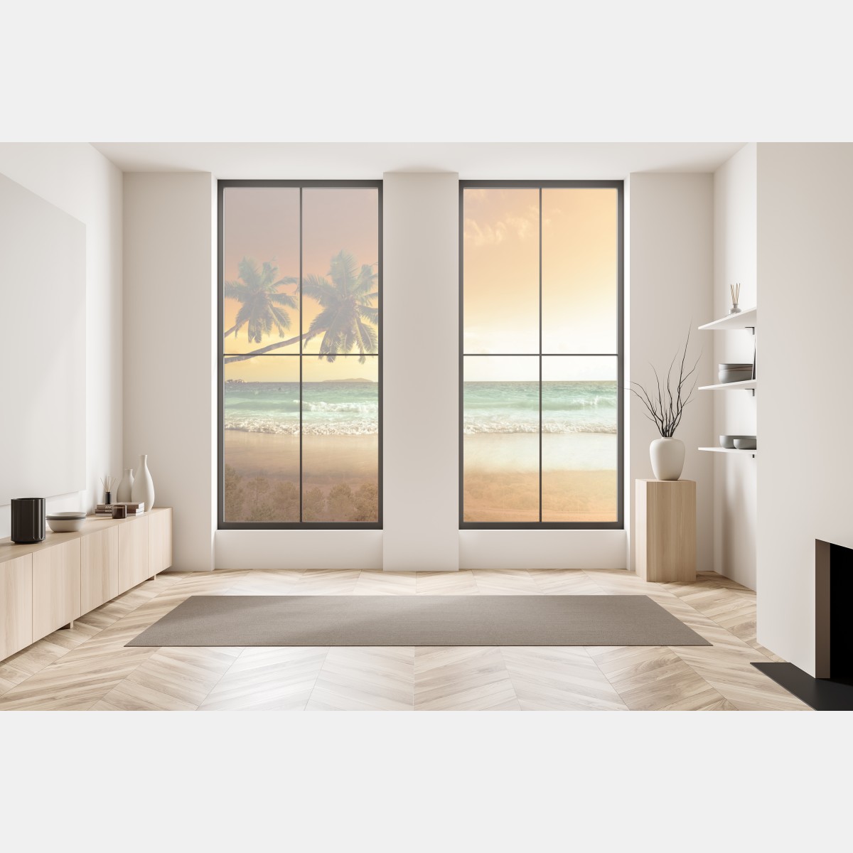 Naklejka na okno plaża przy zachodzie słońca na Karaibach z palmami – Wallissimo® Naklejka na okno plaża przy zachodzie słońca na Karaibach z palmami – Wallissimo®