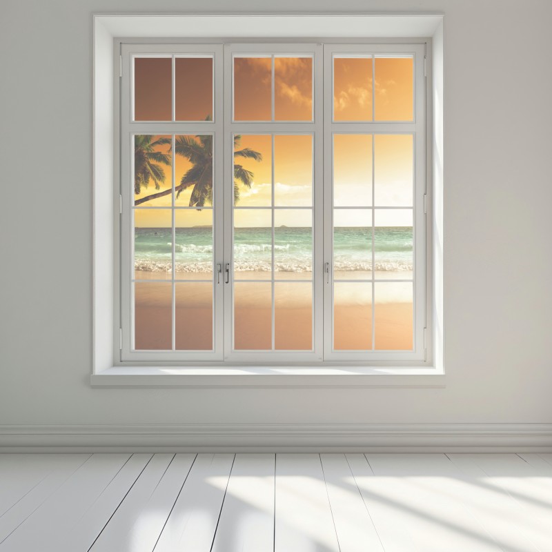 Naklejka na okno plaża przy zachodzie słońca na Karaibach z palmami – Wallissimo® Naklejka na okno plaża przy zachodzie słońca na Karaibach z palmami – Wallissimo®