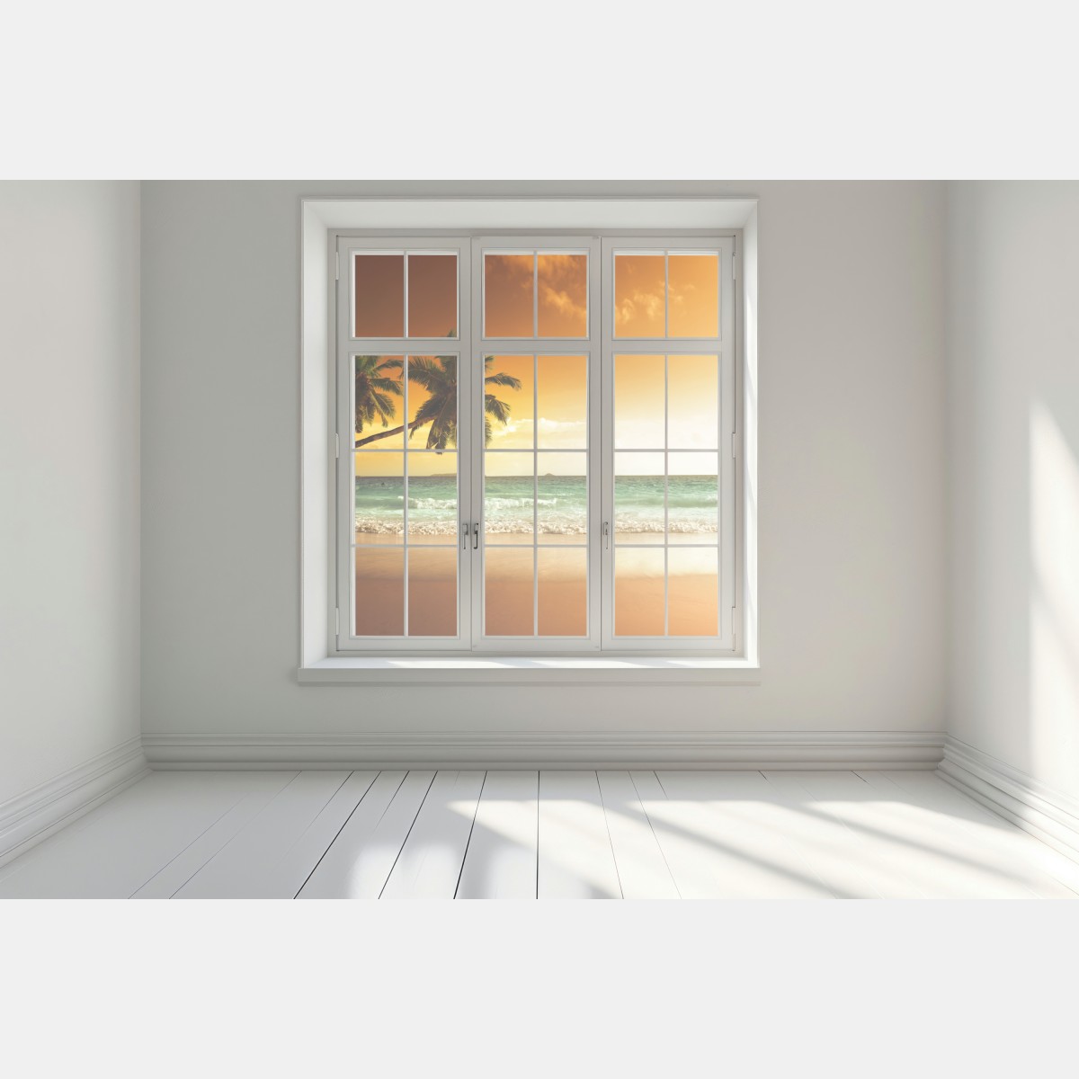 Naklejka na okno plaża przy zachodzie słońca na Karaibach z palmami – Wallissimo® Naklejka na okno plaża przy zachodzie słońca na Karaibach z palmami – Wallissimo®