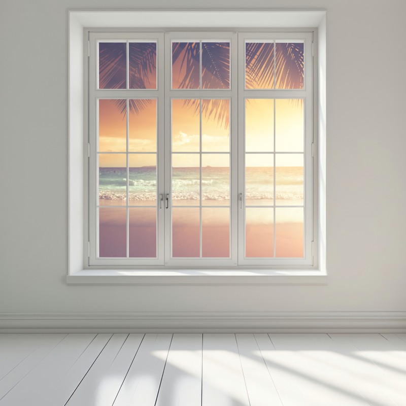 Naklejka na okno plaża o zachodzie słońca na Karaibach – Wallissimo® Naklejka na okno plaża o zachodzie słońca na Karaibach – Wallissimo®