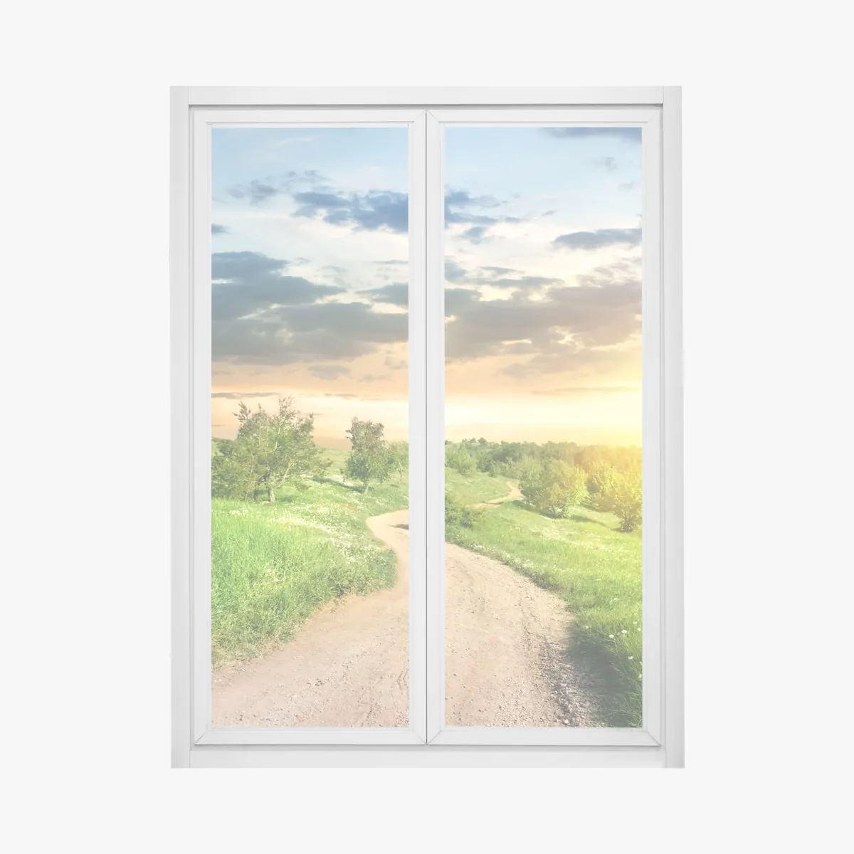 Naklejka na okno zachód słońca nad polną drogą w zielonej łące – Wallissimo® Naklejka na okno zachód słońca nad polną drogą w zielonej łące – Wallissimo®
