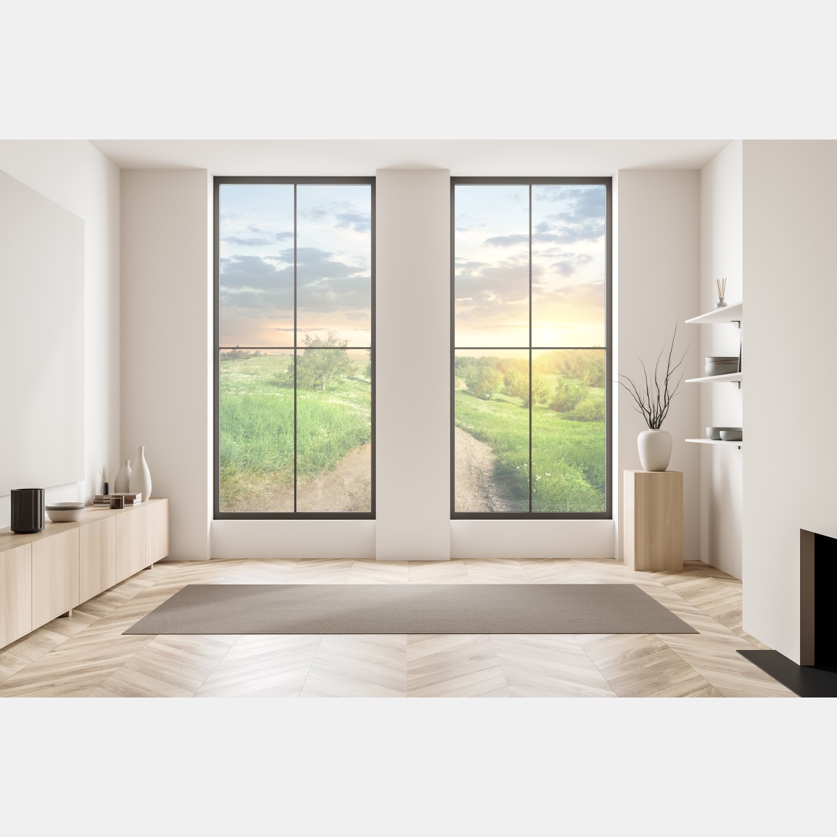 Naklejka na okno zachód słońca nad polną drogą w zielonej łące – Wallissimo® Naklejka na okno zachód słońca nad polną drogą w zielonej łące – Wallissimo®