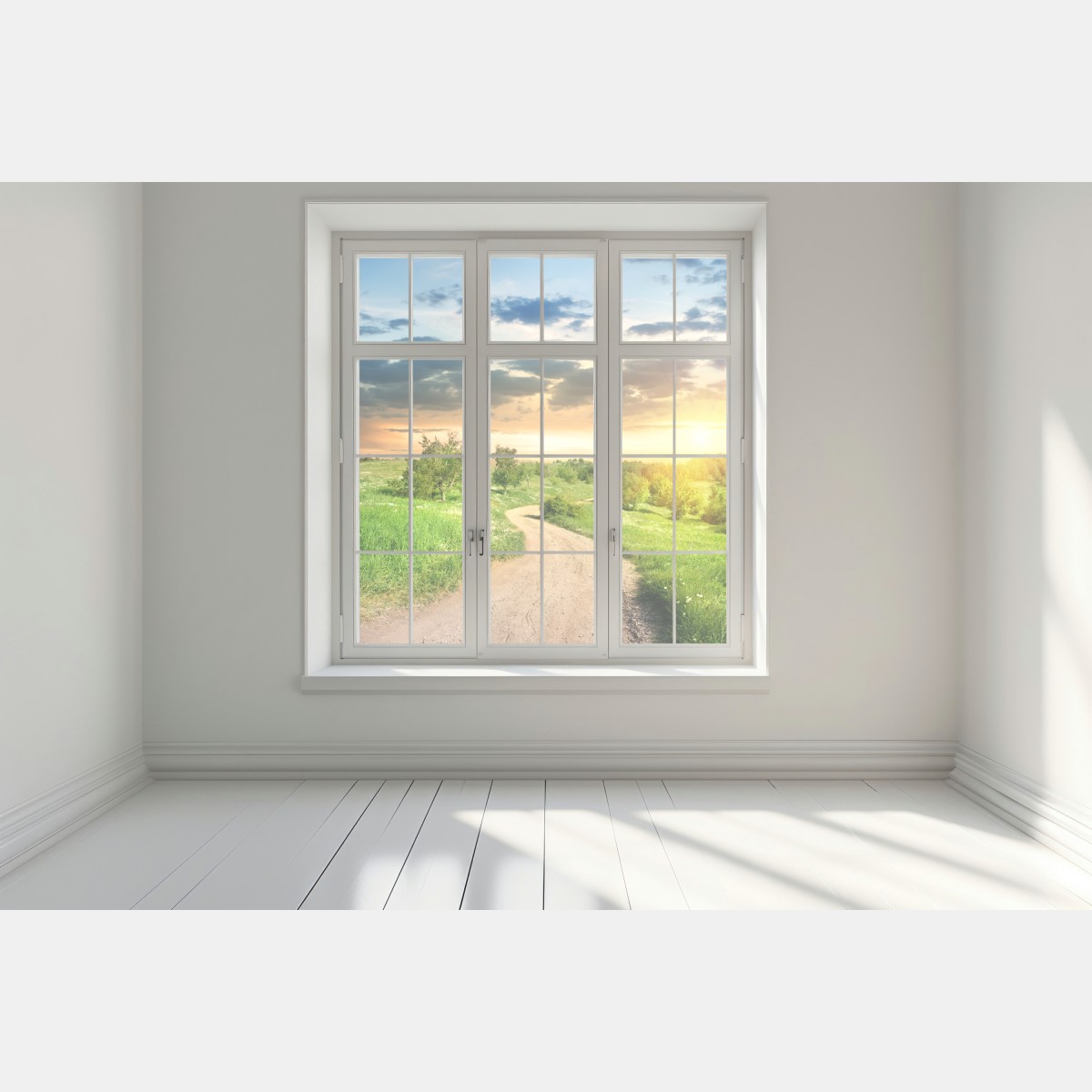 Naklejka na okno zachód słońca nad polną drogą w zielonej łące – Wallissimo® Naklejka na okno zachód słońca nad polną drogą w zielonej łące – Wallissimo®