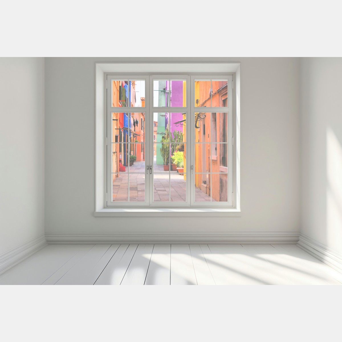 Naklejka na okno kolorowa śródziemnomorska uliczka – Wallissimo® Naklejka na okno kolorowa śródziemnomorska uliczka – Wallissimo®