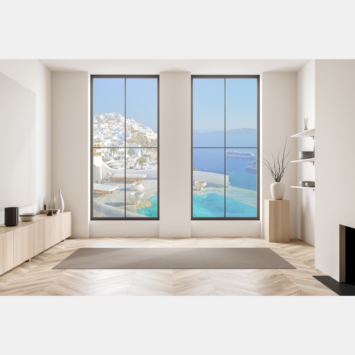 Naklejka na okno Santorini widok na morze z basenem – Wallissimo® Naklejka na okno Santorini widok na morze z basenem – Wallissimo®