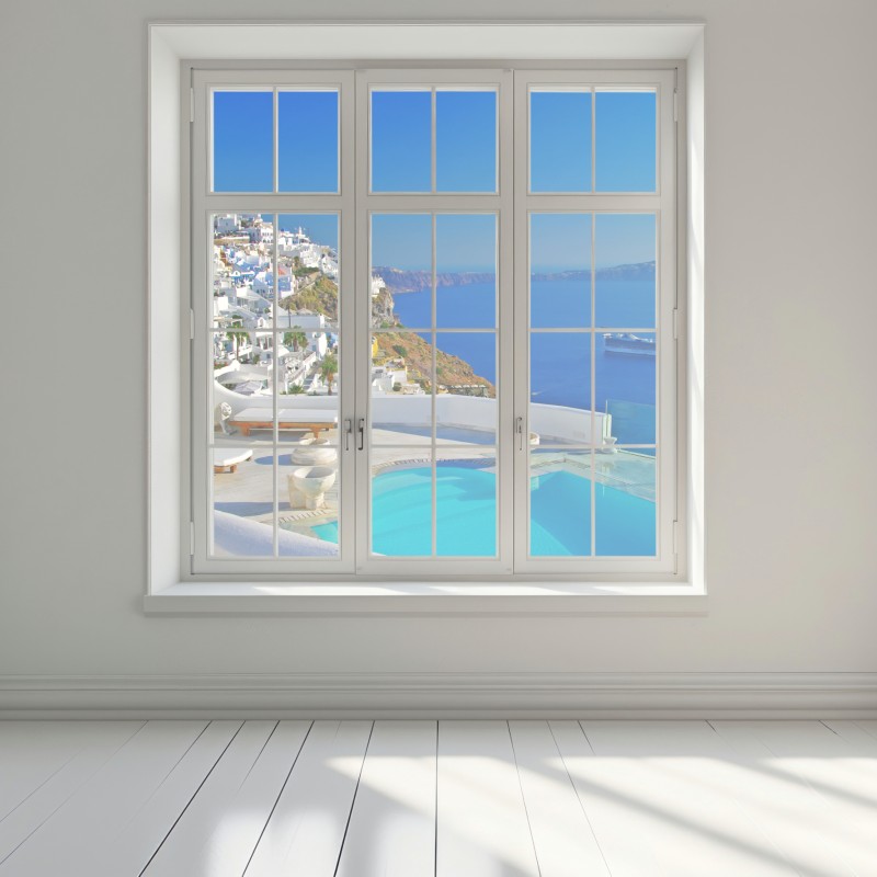 Naklejka na okno Santorini widok na morze z basenem – Wallissimo® Naklejka na okno Santorini widok na morze z basenem – Wallissimo®